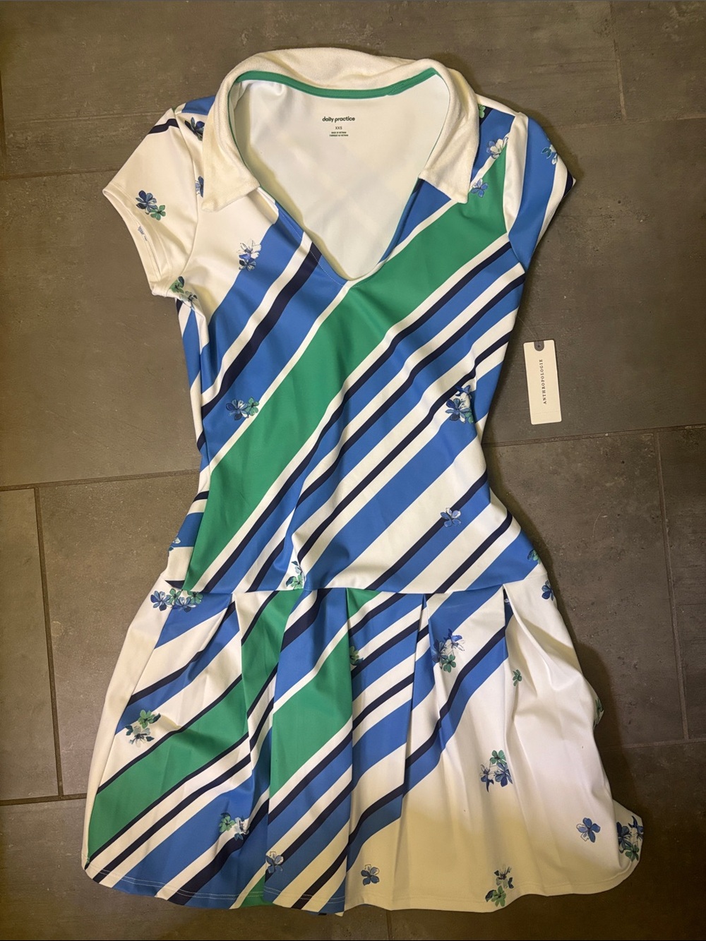 Anthropologie daily practice Striped Green & Blue Collared Fit-and-Flare Dress